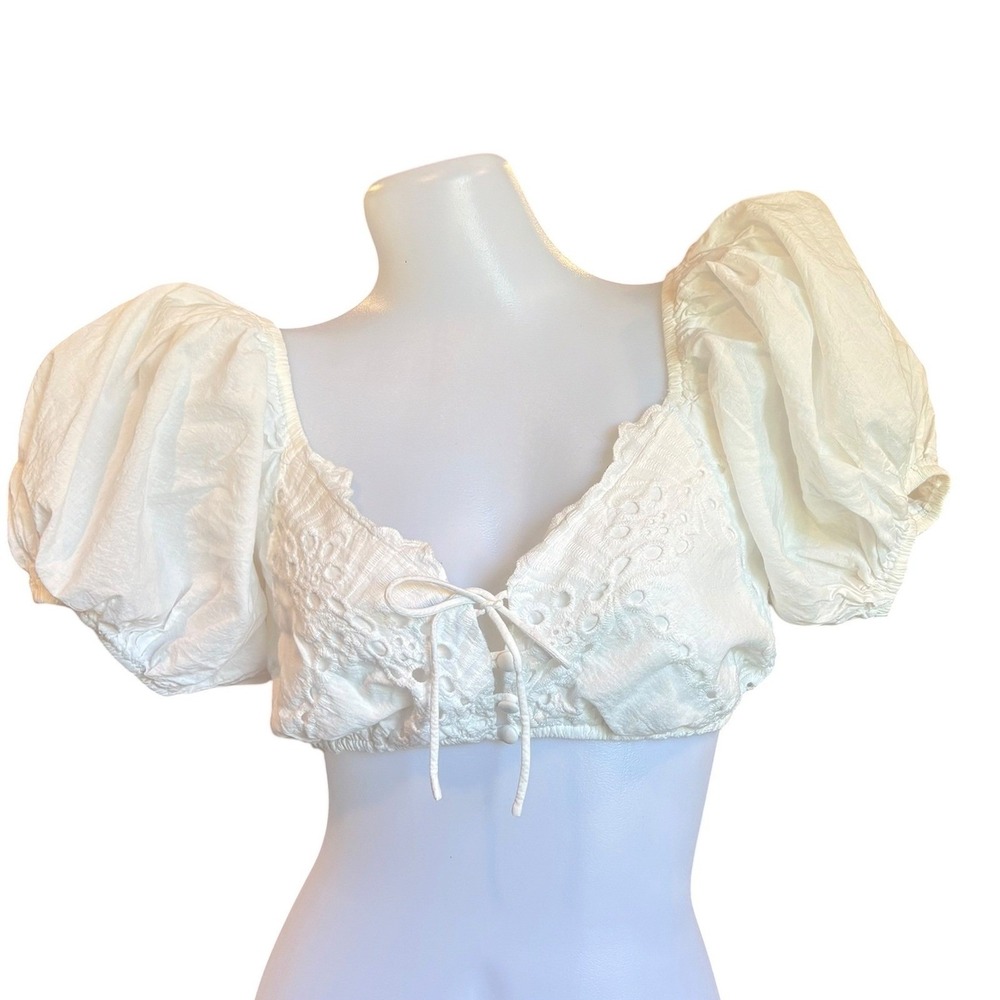 Sabo Skirt White Broderie Anglaise Eyelet Puff‎ Sleeve Crop Top XS